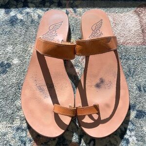 Ancient Greek Sandals Tan Leather Toe Ring Slides – Size 38EU US7/7.5